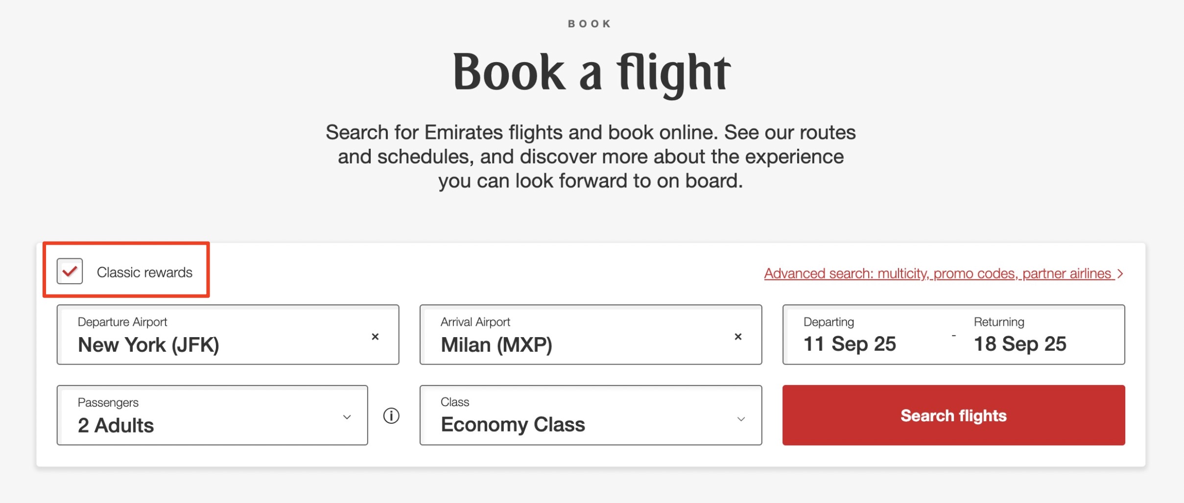 The search page on Emirates website with the "Classic Rewards" button highlighted with a red box. 